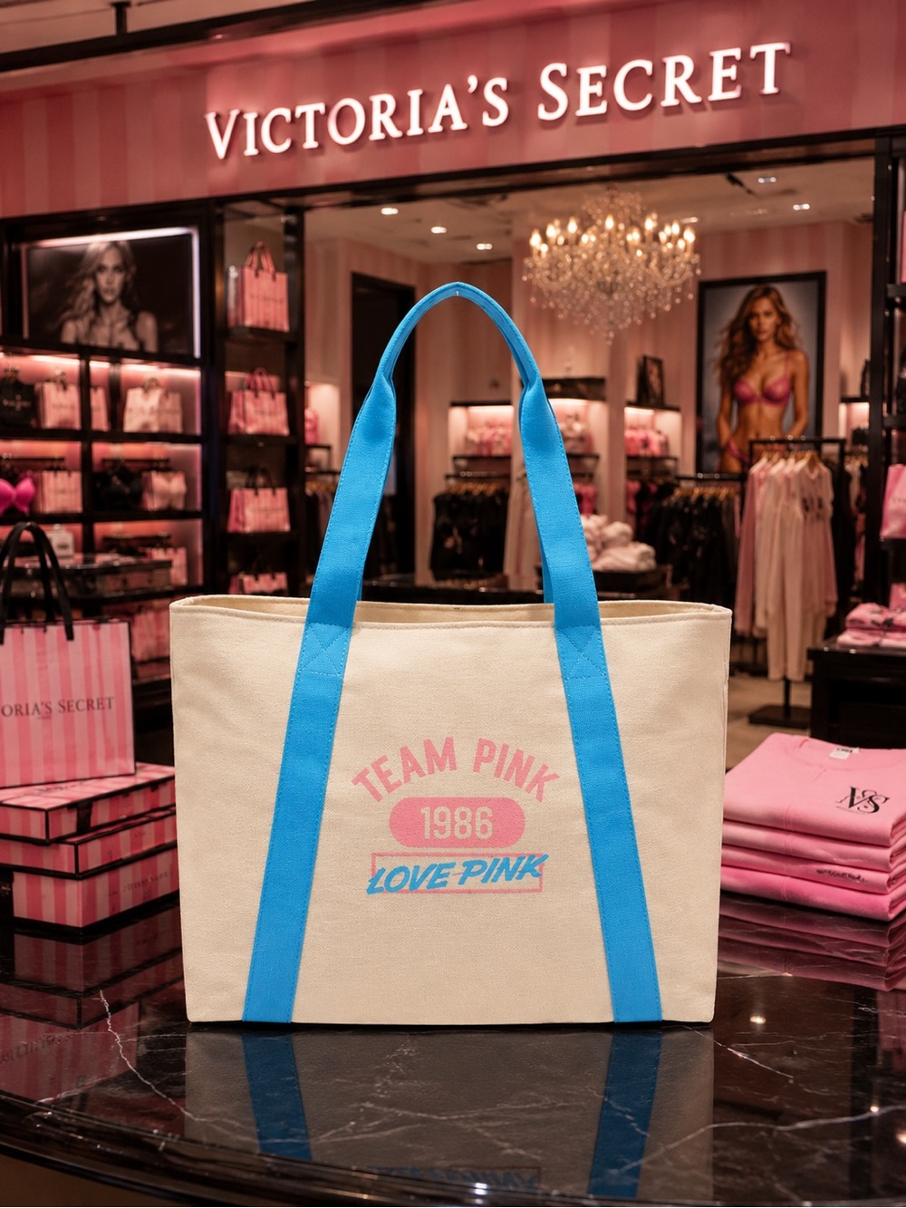Victoria's Secret Canvas Tote with Blue Straps and Pink Logo